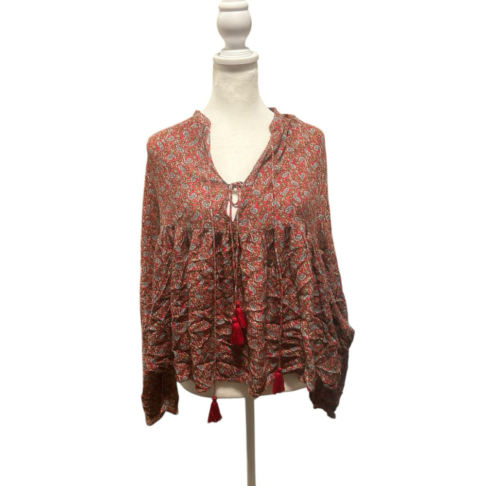 Zara Trafaluc Size Medium‎ Red Floral Blouse Flowy Loose Tassels Shirt